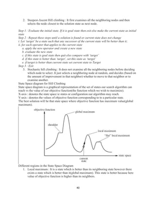 40
2. Steepest-Ascent Hill climbing : It first examines all the neighboring nodes and then
selects the node closest to the solution state as next node.
Step 1 : Evaluate the initial state. If it is goal state then exit else make the current state as initial
state
Step 2 : Repeat these steps until a solution is found or current state does not change
i. Let ‘target’ be a state such that any successor of the current state will be better than it;
ii. for each operator that applies to the current state
a. apply the new operator and create a new state
b. evaluate the new state
c. if this state is goal state then quit else compare with ‘target’
d. if this state is better than ‘target’, set this state as ‘target’
e. if target is better than current state set current state to Target
Step 3 : Exit
3. Stochastic hill climbing : It does not examine all the neighboring nodes before deciding
which node to select .It just selects a neighboring node at random, and decides (based on
the amount of improvement in that neighbor) whether to move to that neighbor or to
examine another.
State Space diagram for Hill Climbing
State space diagram is a graphical representation of the set of states our search algorithm can
reach vs the value of our objective function(the function which we wish to maximize).
X-axis : denotes the state space ie states or configuration our algorithm may reach.
Y-axis : denotes the values of objective function corresponding to to a particular state.
The best solution will be that state space where objective function has maximum value(global
maximum).
Different regions in the State Space Diagram
1. Local maximum : It is a state which is better than its neighboring state however there
exists a state which is better than it(global maximum). This state is better because here
value of objective function is higher than its neighbors.
 