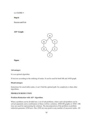 52
Advantages:
It is an optimal algorithm.
If traverse according to the ordering of nodes. It can be used for both OR and AND graph.
Disadvantages:
Sometimes for unsolvable nodes, it can’t find the optimal path. Its complexity is than other
algorithms.
PROBLEM REDUCTION
Problem Reduction with AO* Algorithm.
When a problem can be divided into a set of sub problems, where each sub problem can be
solved separately and a combination of these will be a solution, AND-OR graphs or AND - OR
trees are used for representing the solution. The decomposition of the problem or problem
reduction generates AND arcs. One AND are may point to any number of successor nodes. All
 