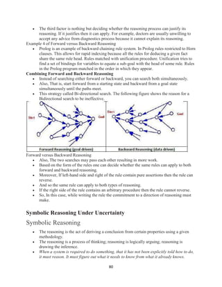 80
 The third factor is nothing but deciding whether the reasoning process can justify its
reasoning. If it justifies then it can apply. For example, doctors are usually unwilling to
accept any advice from diagnostics process because it cannot explain its reasoning.
Example 4 of Forward versus Backward Reasoning
 Prolog is an example of backward chaining rule system. In Prolog rules restricted to Horn
clauses. This allows for rapid indexing because all the rules for deducing a given fact
share the same rule head. Rules matched with unification procedure. Unification tries to
find a set of bindings for variables to equate a sub-goal with the head of some rule. Rules
in the Prolog program matched in the order in which they appear.
Combining Forward and Backward Reasoning
 Instead of searching either forward or backward, you can search both simultaneously.
 Also, That is, start forward from a starting state and backward from a goal state
simultaneously until the paths meet.
 This strategy called Bi-directional search. The following figure shows the reason for a
Bidirectional search to be ineffective.
Forward versus Backward Reasoning
 Also, The two searches may pass each other resulting in more work.
 Based on the form of the rules one can decide whether the same rules can apply to both
forward and backward reasoning.
 Moreover, If left-hand side and right of the rule contain pure assertions then the rule can
reverse.
 And so the same rule can apply to both types of reasoning.
 If the right side of the rule contains an arbitrary procedure then the rule cannot reverse.
 So, In this case, while writing the rule the commitment to a direction of reasoning must
make.
Symbolic Reasoning Under Uncertainty
Symbolic Reasoning
 The reasoning is the act of deriving a conclusion from certain properties using a given
methodology.
 The reasoning is a process of thinking; reasoning is logically arguing; reasoning is
drawing the inference.
 When a system is required to do something, that it has not been explicitly told how to do,
it must reason. It must figure out what it needs to know from what it already knows.
 