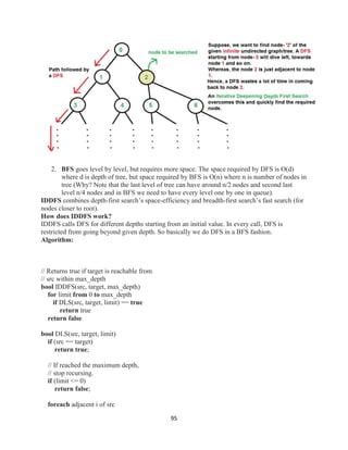 95
2. BFS goes level by level, but requires more space. The space required by DFS is O(d)
where d is depth of tree, but space required by BFS is O(n) where n is number of nodes in
tree (Why? Note that the last level of tree can have around n/2 nodes and second last
level n/4 nodes and in BFS we need to have every level one by one in queue).
IDDFS combines depth-first search’s space-efficiency and breadth-first search’s fast search (for
nodes closer to root).
How does IDDFS work?
IDDFS calls DFS for different depths starting from an initial value. In every call, DFS is
restricted from going beyond given depth. So basically we do DFS in a BFS fashion.
Algorithm:
// Returns true if target is reachable from
// src within max_depth
bool IDDFS(src, target, max_depth)
for limit from 0 to max_depth
if DLS(src, target, limit) == true
return true
return false
bool DLS(src, target, limit)
if (src == target)
return true;
// If reached the maximum depth,
// stop recursing.
if (limit <= 0)
return false;
foreach adjacent i of src
 
