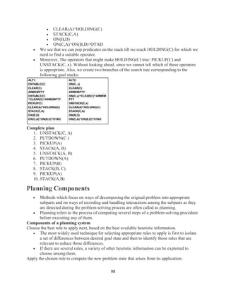 98
 CLEAR(A)^HOLDING(C)
 STACK(C,A)
 ON(B,D)
 ON(C,A)^ON(B,D)^OTAD
 We see that we can pop predicates on the stack till we reach HOLDING(C) for which we
need to find a suitable operator.
 Moreover, The operators that might make HOLDING(C) true: PICKUP(C) and
UNSTACK(C, x). Without looking ahead, since we cannot tell which of these operators
is appropriate. Also, we create two branches of the search tree corresponding to the
following goal stacks:
Complete plan
1. UNSTACK(C, A)
2. PUTDOWN(C )
3. PICKUP(A)
4. STACK(A, B)
5. UNSTACK(A, B)
6. PUTDOWN(A)
7. PICKUP(B)
8. STACK(B, C)
9. PICKUP(A)
10. STACK(A,B)
Planning Components
 Methods which focus on ways of decomposing the original problem into appropriate
subparts and on ways of recording and handling interactions among the subparts as they
are detected during the problem-solving process are often called as planning.
 Planning refers to the process of computing several steps of a problem-solving procedure
before executing any of them.
Components of a planning system
Choose the best rule to apply next, based on the best available heuristic information.
 The most widely used technique for selecting appropriate rules to apply is first to isolate
a set of differences between desired goal state and then to identify those rules that are
relevant to reduce those differences.
 If there are several rules, a variety of other heuristic information can be exploited to
choose among them.
Apply the chosen rule to compute the new problem state that arises from its application.
 