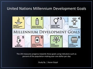 The UN measures progress towards these goals using indicators such as
percent of the population making over one dollar per day
United Nations Millennium Development Goals
Study By | Karan Goyal
 