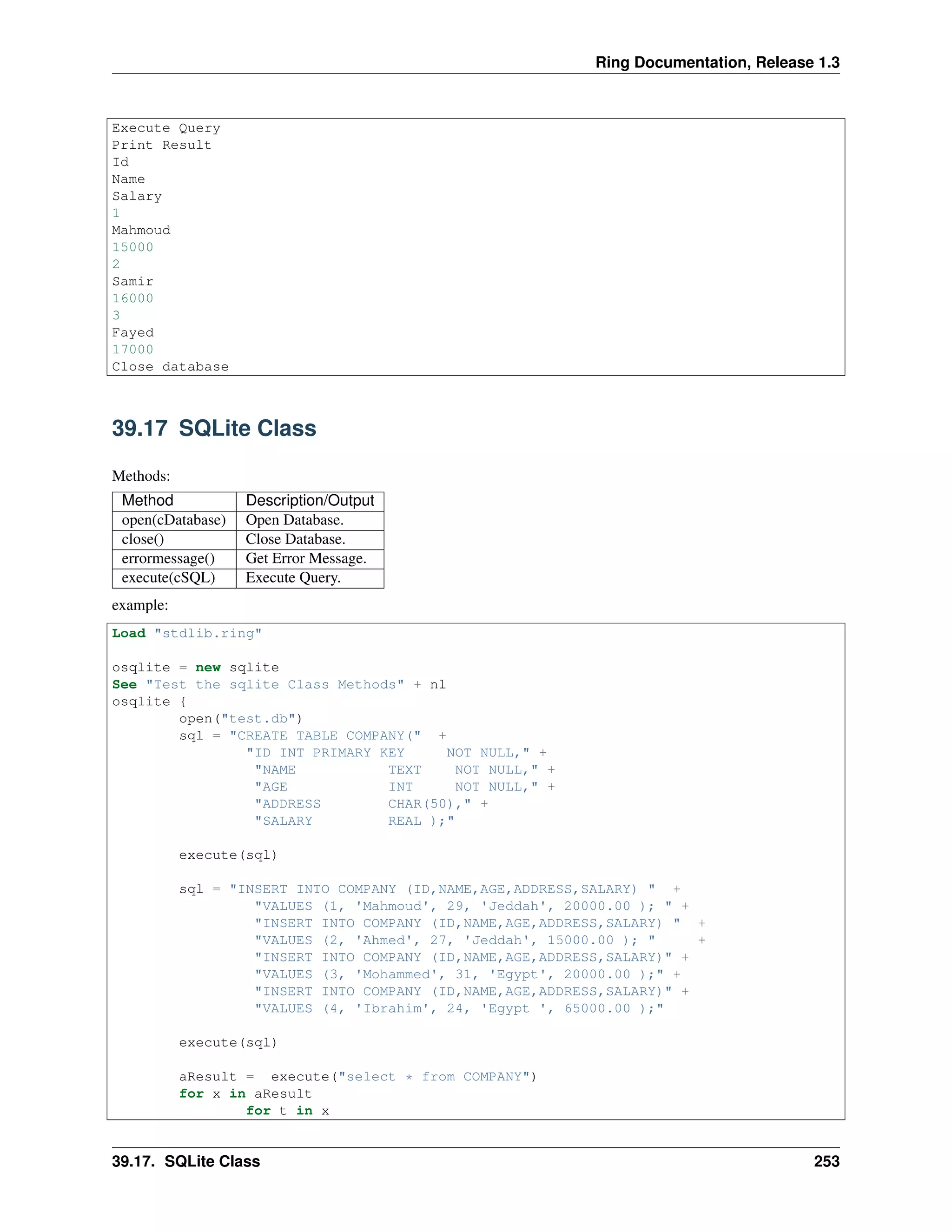 Ring Documentation, Release 1.3
Execute Query
Print Result
Id
Name
Salary
1
Mahmoud
15000
2
Samir
16000
3
Fayed
17000
Close database
39.17 SQLite Class
Methods:
Method Description/Output
open(cDatabase) Open Database.
close() Close Database.
errormessage() Get Error Message.
execute(cSQL) Execute Query.
example:
Load "stdlib.ring"
osqlite = new sqlite
See "Test the sqlite Class Methods" + nl
osqlite {
open("test.db")
sql = "CREATE TABLE COMPANY(" +
"ID INT PRIMARY KEY NOT NULL," +
"NAME TEXT NOT NULL," +
"AGE INT NOT NULL," +
"ADDRESS CHAR(50)," +
"SALARY REAL );"
execute(sql)
sql = "INSERT INTO COMPANY (ID,NAME,AGE,ADDRESS,SALARY) " +
"VALUES (1, 'Mahmoud', 29, 'Jeddah', 20000.00 ); " +
"INSERT INTO COMPANY (ID,NAME,AGE,ADDRESS,SALARY) " +
"VALUES (2, 'Ahmed', 27, 'Jeddah', 15000.00 ); " +
"INSERT INTO COMPANY (ID,NAME,AGE,ADDRESS,SALARY)" +
"VALUES (3, 'Mohammed', 31, 'Egypt', 20000.00 );" +
"INSERT INTO COMPANY (ID,NAME,AGE,ADDRESS,SALARY)" +
"VALUES (4, 'Ibrahim', 24, 'Egypt ', 65000.00 );"
execute(sql)
aResult = execute("select * from COMPANY")
for x in aResult
for t in x
39.17. SQLite Class 253
 