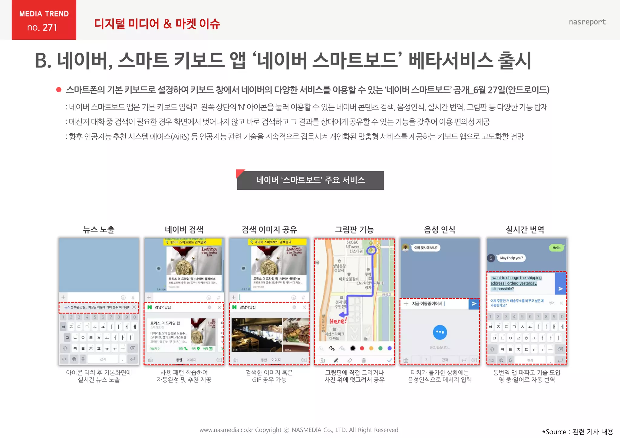 271 디지털 미디어 & 마켓 이슈
www.nasmedia.co.kr Copyright ⓒ NASMEDIA Co., LTD. All Right Reserved *Source : 관련 기사 내용
 스마트폰의 기본 키보드로 설정하여 키보드 창에서 네이버의 다양한 서비스를 이용할 수 있는 ‘네이버 스마트보드’ 공개_6월27일(안드로이드)
뉴스 노출
아이콘 터치 후 기본화면에
실시간 뉴스 노출
네이버 검색
사용 패턴 학습하여
자동완성 및 추천 제공
검색 이미지 공유
검색한 이미지 혹은
GIF 공유 가능
그림판 기능
그림판에 직접 그리거나
사진 위에 덧그려서 공유
음성 인식
터치가 불가한 상황에는
음성인식으로 메시지 입력
실시간 번역
통번역 앱 파파고 기술 도입
영·중·일어로 자동 번역
네이버 ‘스마트보드’ 주요 서비스
:네이버스마트보드앱은기본 키보드입력과왼쪽상단의‘N’ 아이콘을눌러이용할수 있는네이버콘텐츠검색,음성인식,실시간번역,그림판등 다양한기능탑재
:메신저대화중 검색이필요한경우화면에서벗어나지않고바로검색하고그 결과를상대에게공유할수있는기능을갖추어이용 편의성제공
:향후인공지능추천 시스템에어스(AiRS)등인공지능관련기술을지속적으로접목시켜개인화된맞춤형서비스를제공하는키보드앱으로고도화할전망
 