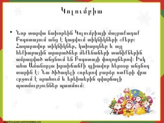 Կոլումբիա
• Նոր տարվա նախորեին Կոլումբիայի մայրաքաղաք
Բոգոտայում անց է կացվում տիկնիկների շքերթ։
,Հազարավոր տիկնիկներ կախարդներ և այլ
հեքիաթային արարածներ մեքենաների տանիքներին
ամրացված անցնում են Բոգոտայի փողոցներով։ Իսկ
ահա Ամանորյա խրախճանքի գլխավոր հերոսը անցնող
տարին է։ Նա ծիծաղելի շորերով բարձր ոտքերի վրա
շրջում է սրահում և երեխաերին զվարճալի
պատմություններ պատմում։
 