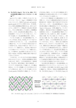 放射化学 第 27 号 2013

8． （NCX）
［Fe
（bpp）］
2
2 （X= S, Se, BH3）の二

が NCBH3 の場合、ベンゼン分子の吸脱着に伴う

次元相互貫入構造とスピンクロスオーバー挙

集積構造の可逆的な変化に伴ってスピン状態を

動

9,10

スイッチさせることに成功した。

 bpa のメチレン鎖を一つ伸ばした 1,3- ビス（4‒

 このベンゼン吸脱着による構造変化について

ピリジル）プロパン（bpp）に架橋配位子を変
えることにより、配座が anti-anti, anti-gauche,

考察した。このような構造変化が起きるためには

gauche-gauche などさらに多彩となる。その結果、

ばならない。まず、一次元鎖状構造から二次元

さらに多彩な集積構造が期待される。図 7 に示す

相互貫入構造への構造変化について［Fe NCS）
（
2

ように、2 枚のグリッド構造が二次元的に相互貫

（bpp）］2 benzene）を例に議論する。ベンゼン
2 ·（

入し、それらが積み重なった大変珍しい集積構造

が脱離し、配位結合が切れた架橋配位子 bpp は

を得た。
これを二次元相互貫入構造と呼ぶ。
一方、

比較的長いために（一次元鎖状構造で配位してい

合成溶媒の一つとしてベンゼンを用いると、ベン

る状態の Fe−Fe: 11.675 Å）
、隣の一次元鎖の一

ゼンを包接した一次元鎖状構造を得た（図 7）
。

番近い金属（Fe−Fe: 9.551 Å）ではなく、二番

 ベンゼンを包接した一次元鎖状構造では、ア

目に近い金属（Fe−Fe: 14.569 Å, 15.782 Å）を

ニオンが NCS, NCSe, NCBH3 すべてで高スピ

攻撃する（図 8）
。これが相転移的に起こればグ

ン 状 態 の ま ま で あ っ た。 一 方、 二 次 元 相 互 貫

リッドができる。さらに、二番目に近い金属を攻

入構造では、アニオンが NCS の場合は高スピ

撃することで、そのグリッドは 2 枚できる。この

ン 状 態 の ま ま、NCSe の 場 合 は 一 部 ス ピ ン ク

とき、間隙を自分で埋めながら金属が一番動かな

ロスオーバー挙動を示し、NCBH3 の場合はす

くてもよいような構造変化を考えると、2 枚のグ

べての鉄がスピンクロスオーバー挙動を示し

リッドが相互貫入して二次元相互貫入構造にな

た。この傾向は、bpa 錯体でも見られたように、

るしかないと考えられる。また、ベンゼンを包接

NCS → NCSe → NCBH3 の順番に配位子場が大き

している状態では、立体障害のため、この構造変

くなることを示す。

化は起きないと考えられる。つまり、一次元鎖状

 この系では、ベンゼン分子の可逆的な吸脱着

構造から二次元相互貫入構造への構造変化につ

がみられるとともに、可逆的な集積構造の変化

いては結晶内の間隙を自分で埋めて安定化しよ

も見られた（図 7）
。この可逆的変化を、重量測

うとする因子が支配的になると考えられる。

定、TG-DTA、磁化率測定、粉末 X 線回折、メ

 二次元相互貫入構造から一次元鎖状構造への

スバウアー分光法を用いて追跡した。その構造

構造変化のドライビングフォースについて、ベン

変化は、ベンゼンが脱離したときの空孔をどの

ゼンを放出した後の錯体［Fe NCS）
（
（bpp）］
2
2 を例

ように埋めるか、逆にベンゼンを包接したとき
は anti-gauche の安定性から議論した。アニオン

に議論する。図 9 は、単結晶 X 線構造解析の結

配位結合が一度切れて新たな結合ができなけれ

果、 （NCS）
［Fe
（bpp）］
（
（bpp）］
2
2 と［Fe NCS）
2
2 ·2

図 7  （NCX）
［Fe
（bpp）］X= S, Se, BH3）におけるベンゼン分子の吸脱着に伴う集積構造の可逆的変化
2
2（

8

 