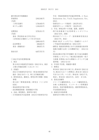 放射化学 第 27 号 2013

銀行預金次年度繰越金
普通預金      

年会・第56回放射化学討論会要旨集、J. Nucl.
2,942,446 円

Radiochem. Sci., Vol.13, Supplement, Oct.,

（内訳）

2012）
.

 三井住友銀行     

1,758,403 円

・放射化学ニュース第26号 （2012年10月）
.

 ゆうちょ銀行     

1,184,043 円

・放射化学ニュース第27号 （2013年4月）
.

定期預金        

3,735,311 円

5．学会、研究会等への共催、協賛、後援等
・第 7 回 高 崎 量 子 応 用 研 究 シ ン ポ ジ ウ ム

（内訳）

（2012/10月、高崎）

 基金（黒田基金 40 万円を含む）

・第 5 0 回 ア イ ソ ト ー プ ・ 放 射 線 研 究 発 表 会

 
（APSORC13 補助として 70 万円支出）
           

2,808,418 円

 記念事業分     

626,822 円

 基金（斎藤基金）
   

（2013/7月、東京）

300,071 円

・第4回 MLF シンポジウム・茨城県ビームライ
ン平成23年度成果報告会（2012/10月）
・講習会 福島原発事故における放射能汚染対策
技術の基礎と応用（日本機械学会）（2012/10

預金合計       

6,677,757 円

月）
・第1回京都大学原子炉実験所 原子力安全基盤科
学研究シンポ ジ ウム「東京電力福島第一原子

○ 2012 学会年度事業計画

力発電 所事故における環境モニタリングと線

1．総会

量評価」（2012/12/14）

 第 14 回日本放射化学会総会（2012/10/4、東京

6．学会賞 学会賞、奨励賞の選考

工業大学蔵前会館くらまえホール）

7．理事会

2．討論会

 第 59 回（2012/10/5 東工大）第 60 回（2012/12
、

 2012 日本放射化学会年会・第 56 回放射化学討

月、
東京またはメール理事会） 第 61 回（2013/2
、

論会（2012/10/3 ∼ 5、東工大学蔵前会館）

月または 3 月、つくば）
、第 62 回（2013/7 月、

3．研究発表会、講演会、研究会等の開催（助成

東京）
、第 63 回（2013/9 月、金沢）
 計 5 回。

事業）

8．委員会活動等

・第 1 4 回 「 環 境 放 射 能 」 研 究 会 （ つ く ば 市

 ジャーナル編集委員会、ニュース編集委員会、

KEK）

企画 / 広報委員会、インターネット管理運営

・第52回核化学夏の学校

委員会、役員等推薦委員会、選挙管理委員会、

・2013環境放射能・放射線夏の学校

学会賞選考委員会

4．会誌、研究報告、資料等の発行

9．放射化学出版事業

・日本放射化学会誌別冊（2012日本放射化学会

 放射化学の事典 刊行予定

85

 