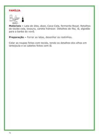 FAMÍLIA




Materiais – Lata de óleo, doce, Coca-Cola, fermento Royal. Retalhos
de tecido cola, tesoura, caneta hidrocor. ...
