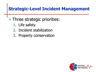 Strategic-Level Incident Management
‣ Three strategic priorities:
1. Life safety
2. Incident stabilization
3. Property conservation
 