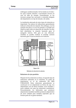 Tecsup                                                 Equipos de Control
                                                              Agosto 2007


         embragues unidireccionales. Se los instala en el reduc-
         tor para evitarla rotación o movimiento inverso en
         caso de falta de energía. Generalmente, se los
         reconoce porque hay una parte o extensión alargada
         del alojamiento en el eje de entrada o de salida.

         La instalación adecuada de estos topes de retención es
         importante. Sus placas de indicaciones generalmente
         indican la dirección de rotación. Sin embargo, si se ha
         quitado esta placa o si se le ha pintado, es posible que
         usted no sepa cuál es la dirección de rotación. Es muy
         fácil determinar la rotación haciendo girar el
         manguito interno. Sólo gira en una dirección.
         También es posible verificar el montaje correcto
         haciendo girar el eje de entrada en el reductor.




                               Figura 4.16

                   Métodos de retención de cojinetes

         Reductores de ejes paralelos

         Después de los reductores en línea, el segundo tipo de
         reductores utilizados en la industria, en orden de
         importancia, es el de reductores DE EJES
         PARALELOS. Estos reductores generalmente se
         construyen en un alojamiento en forma de caja. Los
         alojamientos son de hierro fundido, acero fundido y
         acero soldado, tal como los reductores concéntricos.
         Frecuentemente, los fabricantes que producen
         alojamientos fundidos también producen alojamientos
         de acero soldado para modelos especiales que no
         forman parte de su gama standard.



                                                           Página 15
 