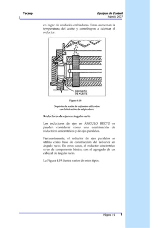 Tecsup                                                  Equipos de Control
                                                                 Agosto 2007


         en lugar de unidades enfriadoras. Estas aumentan la
         temperatura del aceite y contribuyen a calentar el
         reductor.




                               Figura 4.18

                 Depósito de aceite de cojinetes utilizados
                     con lubricación de salpicadura

         Reductores de ejes en ángulo recto

         Los reductores de ejes en ÁNGULO RECTO se
         pueden considerar como una combinación de
         reductores concéntricos y de ejes paralelos.

         Frecuentemente, el reductor de ejes paralelos se
         utiliza como base de construcción del reductor en
         ángulo recto. En otros casos, el reductor concéntrico
         sirve de componente básico, con el agregado de un
         cabezal de ángulo recto.

         La Figura 4.19 ilustra varios de estos tipos.




                                                              Página 19
 