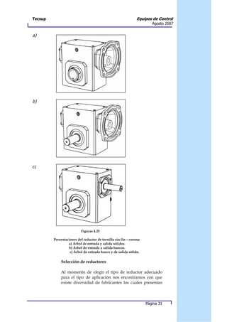 Tecsup                                                         Equipos de Control
                                                                        Agosto 2007


a)




b)




c)




                           Figuras 4.25

         Presentaciones del reductor de tornillo sin fin – corona:
                  a) Árbol de entrada y salida sólidos.
                  b) Árbol de entrada y salida huecos.
                   c) Árbol de entrada hueco y de salida sólido.

             Selección de reductores

             Al momento de elegir el tipo de reductor adecuado
             para el tipo de aplicación nos encontramos con que
             existe diversidad de fabricantes los cuales presentan




                                                                     Página 31
 
