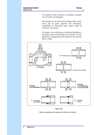 Equipos de Control                                                           Tecsup
Agosto 2007


                         Al combinar estas acciones se considera siempre
                         sin aire sobre su diafragma.

                         Por ejemplo, en la válvula de la Figura 4.51, el aire
                         entra por la parte superior del diafragma,
                         empujando el obturador hacia abajo, luego la
                         acción es “aire cierra”.

                         El cuerpo y las conexiones a la tubería (bridadas o
                         roscadas) están normalizados de acuerdo con las
                         presiones y temperaturas de trabajo en las normas
                         DIN y ANSI.




                                             Figura 4.40

                     Tipos de conexiones del cuerpo de la válvula a la tubería




     Página 54
 