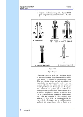 Equipos de Control                                               Tecsup
Agosto 2007


                     4. Tapa con fuelle de estanqueidad (Figura 4.41d)
                        para temperaturas de servicio entre — 20 y 450
                        ºC.




                                       Figura 4.41

                                      Tipos de tapas

                     Para que el fluido no se escape a través de la tapa
                     es necesario disponer una caja de empaquetadura
                     entre la tapa y el vástago. La empaquetadura ideal
                     debe ser elástica, tener un bajo coeficiente de
                     rozamiento, ser químicamente inerte y ser un
                     aislante eléctrico, con el fin de no formar un
                     puente galvánico con el vástago que dé lugar a
                     una corrosión de partes de la válvula. La
                     empaquetadura que se utiliza normalmente es de
                     teflón cuya temperatura máxima de servicio es de
                     220º C. A temperaturas superiores o inferiores a
                     este valor es necesario o bien emplear otro
                     material o bien alejar la empaquetadura del
                     cuerpo de la válvula para que se establezca así un
                     gradiente de temperaturas entre el fluido y la




     Página 56
 