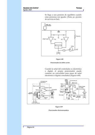 Equipos de Control                                            Tecsup
Agosto 2007


                     Se llega a una posición de equilibrio cuando
                     estas presiones son iguales. (Nota: ps: presión
                     de servicio en bar).




                                    Figura 4.48

                            Posicionador de doble acción



                     Cuando la señal del controlador es electrónica
                     o digital, el propio posicionador puede
                     contener un convertidor para pasar de señal
                     electrónica o digital a neumática (Figura 4.49).




                                   Figura 4.49

                         Posicionador electroneumático




     Página 64
 