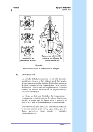 Tecsup                                                        Equipos de Control
                                                                         Agosto 2007




                              Figura 4.64

            Circulación en válvulas de macho de orificios múltiples



   6.5.   Válvulas de bola

          Las válvulas de bola, básicamente, son válvulas de macho
          modificadas. Aunque se han utilizado desde hace mucho
          tiempo, su empleo estaba limitado debido al asentamiento
          de metal contra metal, que no permitía un cierre a prueba
          de burbujas. Los adelantos en los plásticos han permitido
          sustituir los asientos metálicos con los de plastómeros y
          elastómeros modernos.

          La válvula de bola está limitada a las temperaturas y
          presiones que permite el material del asiento. Cuando está
          cerrada, se atrapa algo de líquido entre el asiento y el
          orificio de la bola, lo cual es indeseable en muchos casos.

          Estas válvulas no están limitadas a un fluido en particular.
          Se pueden emplear para vapor, agua, aceite, gas, aire
          fluidos corrosivos, pastas aguadas y materiales
          pulverizados secos.




                                                                      Página 77
 