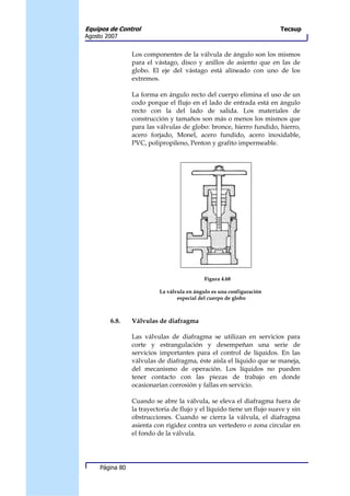 Equipos de Control                                                      Tecsup
Agosto 2007


                 Los componentes de la válvula de ángulo son los mismos
                 para el vástago, disco y anillos de asiento que en las de
                 globo. El eje del vástago está alineado con uno de los
                 extremos.

                 La forma en ángulo recto del cuerpo elimina el uso de un
                 codo porque el flujo en el lado de entrada está en ángulo
                 recto con la del lado de salida. Los materiales de
                 construcción y tamaños son más o menos los mismos que
                 para las válvulas de globo: bronce, hierro fundido, hierro,
                 acero forjado, Monel, acero fundido, acero inoxidable,
                 PVC, polipropileno, Penton y grafito impermeable.




                                             Figura 4.68

                           La válvula en ángulo es una configuración
                                  especial del cuerpo de globo



        6.8.     Válvulas de diafragma

                 Las válvulas de diafragma se utilizan en servicios para
                 corte y estrangulación y desempeñan una serie de
                 servicios importantes para el control de líquidos. En las
                 válvulas de diafragma, éste aísla el líquido que se maneja,
                 del mecanismo de operación. Los líquidos no pueden
                 tener contacto con las piezas de trabajo en donde
                 ocasionarían corrosión y fallas en servicio.

                 Cuando se abre la válvula, se eleva el diafragma fuera de
                 la trayectoria de flujo y el líquido tiene un flujo suave y sin
                 obstrucciones. Cuando se cierra la válvula, el diafragma
                 asienta con rigidez contra un vertedero o zona circular en
                 el fondo de la válvula.




     Página 80
 