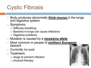 Cystic Fibrosis
 Body produces abnormally thick mucus in the lungs
and digestive system
 Symptoms:
 Difficulty breathing
 Bacteria in lungs can cause infections
 Digestive problems
 Mutation is caused by a recessive allele
 Most common in people of northern European
descent
 Currently no cure
 Treatment:
 drugs to prevent infection
 physical therapy
 