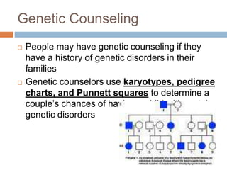 Genetic Counseling
 People may have genetic counseling if they
have a history of genetic disorders in their
families
 Genetic counselors use karyotypes, pedigree
charts, and Punnett squares to determine a
couple’s chances of having a child with certain
genetic disorders
 