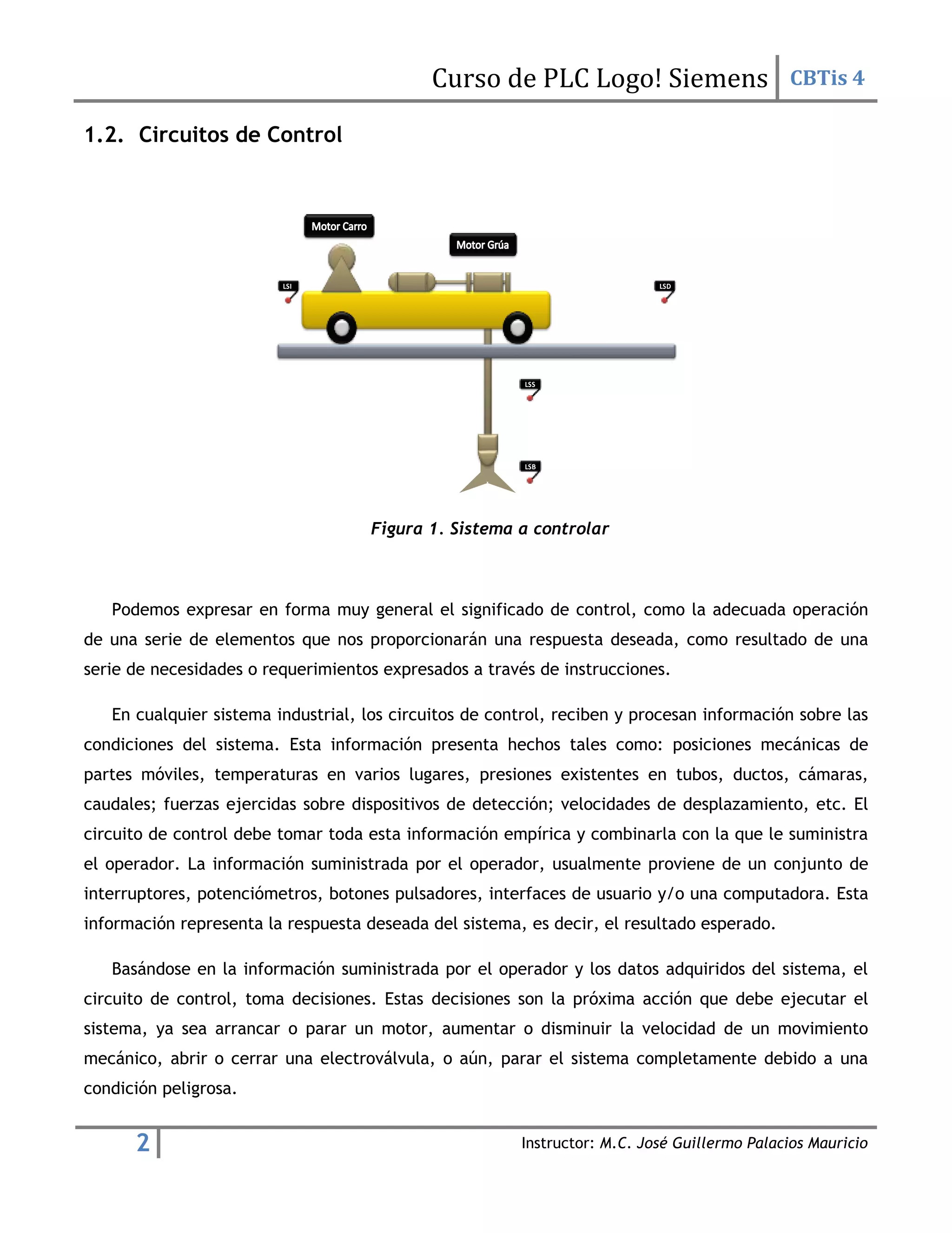 Curso de PLC Logo! Siemens CBTis 4
2 Instructor: M.C. José Guillermo Palacios Mauricio
1.2. Circuitos de Control
Figura 1. Sistema a controlar
Podemos expresar en forma muy general el significado de control, como la adecuada operación
de una serie de elementos que nos proporcionarán una respuesta deseada, como resultado de una
serie de necesidades o requerimientos expresados a través de instrucciones.
En cualquier sistema industrial, los circuitos de control, reciben y procesan información sobre las
condiciones del sistema. Esta información presenta hechos tales como: posiciones mecánicas de
partes móviles, temperaturas en varios lugares, presiones existentes en tubos, ductos, cámaras,
caudales; fuerzas ejercidas sobre dispositivos de detección; velocidades de desplazamiento, etc. El
circuito de control debe tomar toda esta información empírica y combinarla con la que le suministra
el operador. La información suministrada por el operador, usualmente proviene de un conjunto de
interruptores, potenciómetros, botones pulsadores, interfaces de usuario y/o una computadora. Esta
información representa la respuesta deseada del sistema, es decir, el resultado esperado.
Basándose en la información suministrada por el operador y los datos adquiridos del sistema, el
circuito de control, toma decisiones. Estas decisiones son la próxima acción que debe ejecutar el
sistema, ya sea arrancar o parar un motor, aumentar o disminuir la velocidad de un movimiento
mecánico, abrir o cerrar una electroválvula, o aún, parar el sistema completamente debido a una
condición peligrosa.
LSS
LSI
LSB
LSD
 