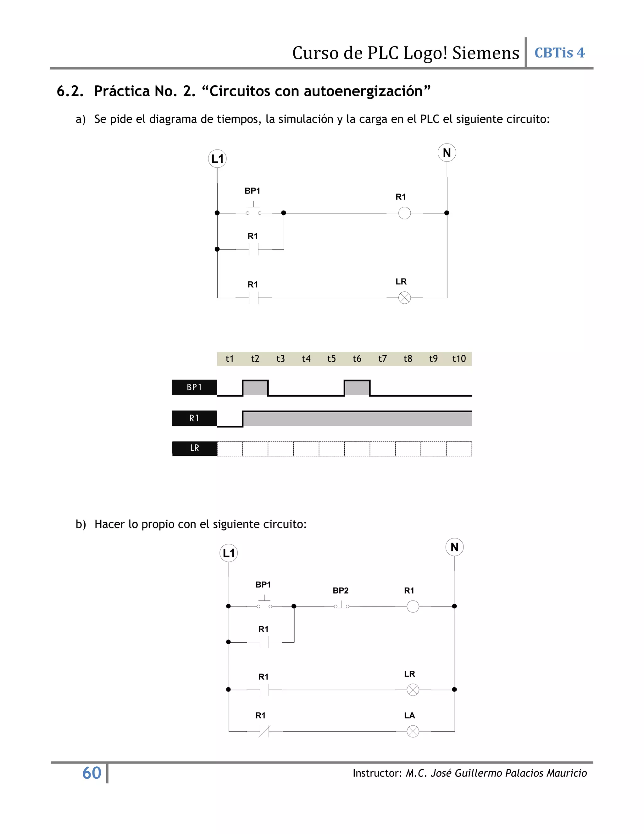 Curso de PLC Logo! Siemens CBTis 4
60 Instructor: M.C. José Guillermo Palacios Mauricio
6.2. Práctica No. 2. “Circuitos con autoenergización”
a) Se pide el diagrama de tiempos, la simulación y la carga en el PLC el siguiente circuito:
t1 t2 t3 t4 t5 t6 t7 t8 t9 t10
BP1
R1
LR
b) Hacer lo propio con el siguiente circuito:
BP1
LR
R1
R1
R1
BP1
LR
R1
R1
R1
R1 LA
BP2
 
