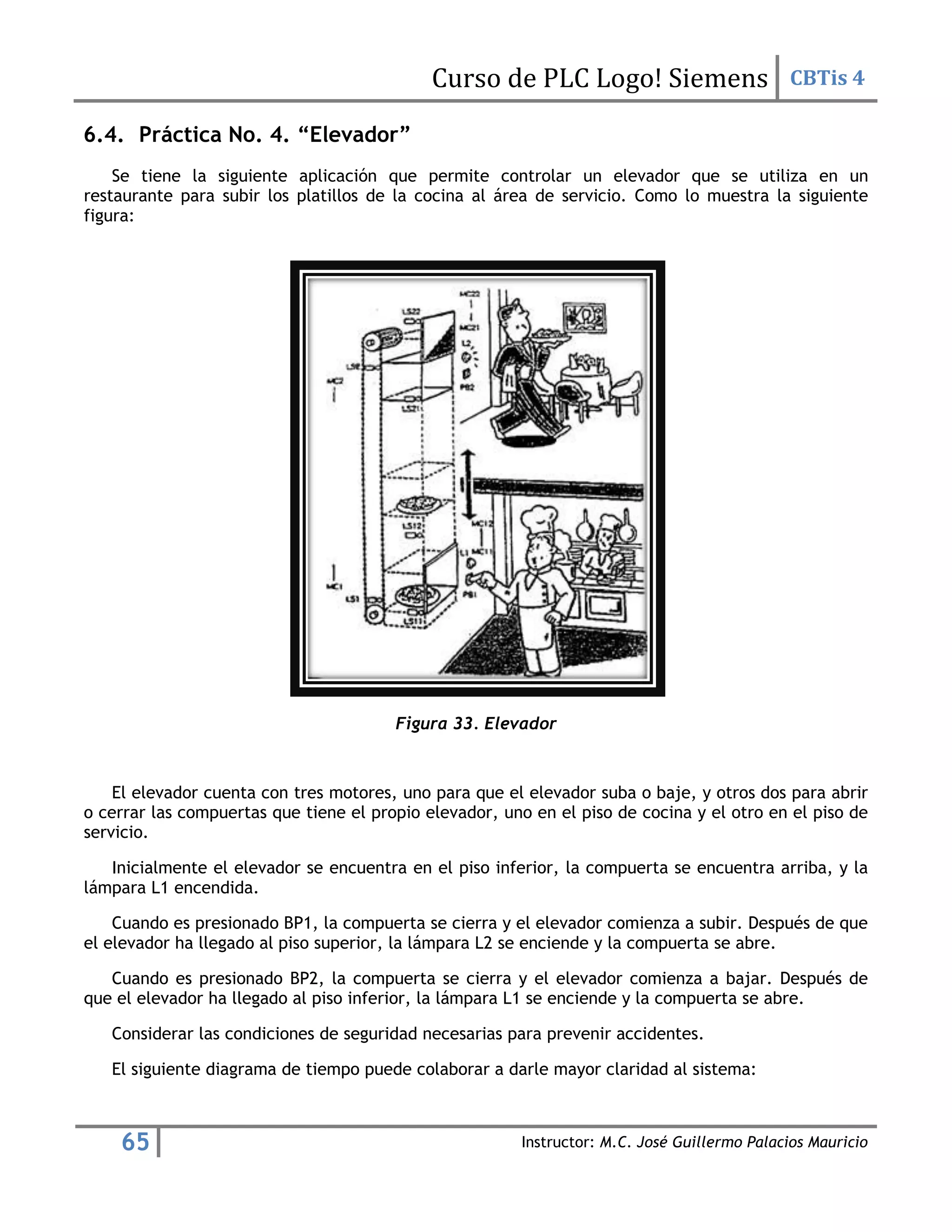 Curso de PLC Logo! Siemens CBTis 4
65 Instructor: M.C. José Guillermo Palacios Mauricio
6.4. Práctica No. 4. “Elevador”
Se tiene la siguiente aplicación que permite controlar un elevador que se utiliza en un
restaurante para subir los platillos de la cocina al área de servicio. Como lo muestra la siguiente
figura:
Figura 33. Elevador
El elevador cuenta con tres motores, uno para que el elevador suba o baje, y otros dos para abrir
o cerrar las compuertas que tiene el propio elevador, uno en el piso de cocina y el otro en el piso de
servicio.
Inicialmente el elevador se encuentra en el piso inferior, la compuerta se encuentra arriba, y la
lámpara L1 encendida.
Cuando es presionado BP1, la compuerta se cierra y el elevador comienza a subir. Después de que
el elevador ha llegado al piso superior, la lámpara L2 se enciende y la compuerta se abre.
Cuando es presionado BP2, la compuerta se cierra y el elevador comienza a bajar. Después de
que el elevador ha llegado al piso inferior, la lámpara L1 se enciende y la compuerta se abre.
Considerar las condiciones de seguridad necesarias para prevenir accidentes.
El siguiente diagrama de tiempo puede colaborar a darle mayor claridad al sistema:
 