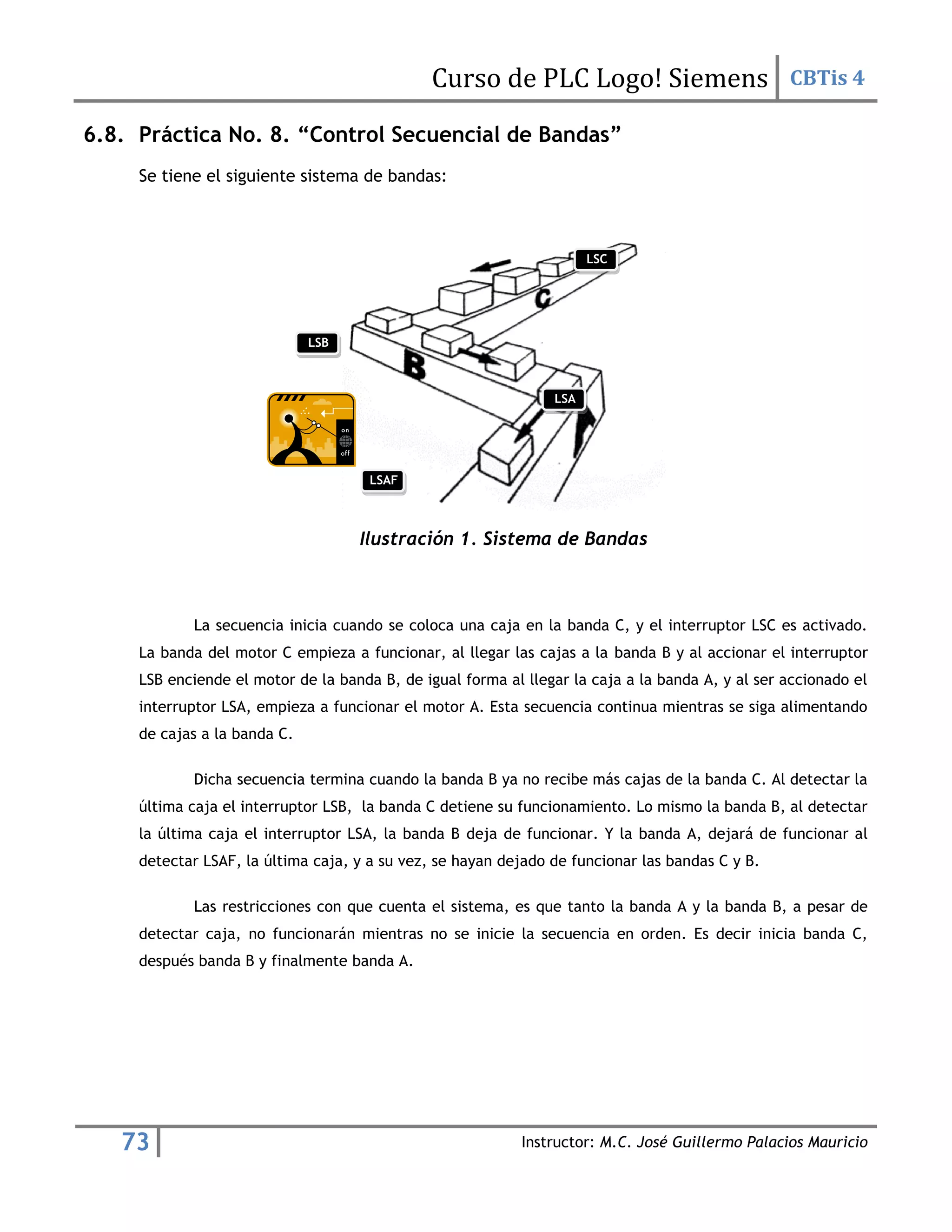 Curso de PLC Logo! Siemens CBTis 4
73 Instructor: M.C. José Guillermo Palacios Mauricio
6.8. Práctica No. 8. “Control Secuencial de Bandas”
Se tiene el siguiente sistema de bandas:
Ilustración 1. Sistema de Bandas
La secuencia inicia cuando se coloca una caja en la banda C, y el interruptor LSC es activado.
La banda del motor C empieza a funcionar, al llegar las cajas a la banda B y al accionar el interruptor
LSB enciende el motor de la banda B, de igual forma al llegar la caja a la banda A, y al ser accionado el
interruptor LSA, empieza a funcionar el motor A. Esta secuencia continua mientras se siga alimentando
de cajas a la banda C.
Dicha secuencia termina cuando la banda B ya no recibe más cajas de la banda C. Al detectar la
última caja el interruptor LSB, la banda C detiene su funcionamiento. Lo mismo la banda B, al detectar
la última caja el interruptor LSA, la banda B deja de funcionar. Y la banda A, dejará de funcionar al
detectar LSAF, la última caja, y a su vez, se hayan dejado de funcionar las bandas C y B.
Las restricciones con que cuenta el sistema, es que tanto la banda A y la banda B, a pesar de
detectar caja, no funcionarán mientras no se inicie la secuencia en orden. Es decir inicia banda C,
después banda B y finalmente banda A.
LSC
LSB
LSA
LSAF
 