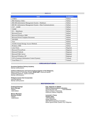 SKILLS
Skill Proficiency
COBOL Skilled
DB2 Database (SQL) Skilled
IMS DB (Information Management System - Database) Skilled
IMS DC (Information Management System - Data Communications) Skilled
CLP – AS400 Skilled
TAMIC Skilled
JCL – Mainframe Skilled
Microsoft Excel Skilled
Microsoft Windows 2000 Skilled
Microsoft Word Template Document Skilled
TSO/ISPF Skilled
Visio Skilled
VSAM (Virtual Storage Access Method) Skilled
Windows 2000 Skilled
Lotus Notes Beginner
Microsoft PowerPoint Beginner
Microsoft Outlook Beginner
Microsoft SQL Server Beginner
Microsoft Windows XP Beginner
CICS (Customer Information Control System) Trained
Visual Basic C++ Trained
O R G A N I Z A T I O N S
Accenture Solutions Delivery Academy
Member (2006-present)
Institute of Electronics and Communications Engineer of the Philippines,
Mapua Institute of Technology Chapter (IECEP–MIT), Intramuros Manila
Outstanding Applicant - Sports Committee
Member (2003-present)
Philippine Canine Club Incorporated,
Associate Member
Member (2003-present)
R E F E R E N C E S
Ferdinand Domingo
Senior Manager
Citibank
+6581256922
Maricar Macaspac
Business Analyst
Citibank
+6598762422
Engr. Alejandro H. Ballado
Head of Communications Laboratory
School EE-ECE-CoE +639195849095
Mapua Institute of Technology
Intramuros, Manila, Philippines
Leonardo C. Flores
Graphic Artist
+639195664546
Design Department
ABS-CBN Broadcasting Corporation
Mother Ignacia Street, Quezon City, Philippines
Page 14 of 14
 