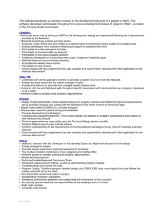 The software developer is primarily involved in the development lifecycle of a project or NWO. The
software developer participates throughout the various development phases of project or NWO, as stated
in the Process Guide documents.
GENERAL
• Performed senior role by owning an NWO in the development, testing and deployment following set of requirements
provided by the Business
• Resolved issues/bugs analyze-warranty phase
• Assesses review sheets and time sheets on a regular basis to proactively resolve quality and budget issues
• Ensures developers have sufficient infrastructure support to complete their work
• Participates in quality assurance activities
• Participates in process audits, as assigned
• Participates in root cause analysis sessions
• Supervises developers to ensure they meet quality, budget and schedule goals
• Identified issue and recommended solutions
• Accomplished weekly status reports
• Participated in peer reviews
• Communicates with the programmers the user requests and requirements; deal also with other application for the
interface files handoff
ANALYZE
• Coordinate with all the application owners to generate a solution to one or more Biz requests
• Analyze the base system for the system changes in detail
• Ensures that there is an accurate and complete impact analysis done
• Involve in both low and high level walk through of specific requirement with inputs whether as a designer, developer
or as a tester
• Performs simple to complex code analysis responsibilities
DESIGN
• Design Programs/Modules: Create detailed designs for program modules that reflect the high level specifications
set by Business Analysts and comply with the standards of the Client in terms of format and logic
• Design new/modified COBOL/JCL modules assigned
• Prepares test cases for system testing and evaluation
• Prepares low-level technical designs
• Functioned as Analyst/Programmer. This involves design and creation of program specifications and creation of
new interface files and jcls
• Performs peer-review by responsibly using the Technical Design review checklist
• Performs efficient peer-to-peer internal reviews
• Confirms understanding of the requirements and functional/technical designs during hand-off meetings and other
channels
• Communicates with the programmers the user requests and requirements; deal also with other application for the
interface files handoff
BUILD
• Walk-thru sessions with the Developer on Functionality Specs and High level discussion of the design
• Create package for entities
• Provides design support and technical assistance to developer
• This involves creation and revision of jcls, programs and interface files
• Performs simple to complex coding and analysis responsibilities.
• Revise existing programs
• Performed/created/executed Component Tests
• Performed coding and unit testing , as well as documenting program modules
• Translate design documents into code
• Program Coding: Transform program detailed design into COBOL/DB2 code, ensuring that the code follows the
coding standards set by the client.
• Documents test results and system changes.
• Develop team members' capabilities
• Addresses performance problems and collaborates with individuals to find a solution
• As capacity permits assumes the responsibilities of the developer which includes
• Build code modules
• Conducts code reviews
Page 6 of 14
 