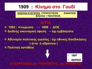 ΑΙΤΙΑ
 1893 : πτώχευση → 1898 : ΔΟΕ
 Διεθνής οικονομική ύφεση → όχι εμβάσματα
 Αδυναμία πολιτικής ηγεσίας : όχι εθνικές διεκδικήσεις
( ήττα ή αδράνεια )
 Πολιτική αστάθεια
ΔΥΣΑΡΕΣΚΕΙΑ για ΠΟΛΙΤΙΚΟΥΣ και ΜΟΝΑΡΧΙΑ
1909 : Κίνημα στο Γουδί
ΕΝΟΠΛΗ ΕΞΕΓΕΡΣΗ ΣΤΡΑΤΙΩΤΙΚΩΝ ΕΝΑΝΤΙΟΝ
ΒΑΣΙΛΙΑ + ΠΟΛΙΤΙΚΩΝ
• 1897
• ΘΕΡΙΣΟ
 