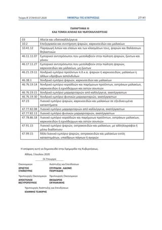 ΕΦΗΜΕΡΙ∆Α TΗΣ ΚΥΒΕΡΝΗΣΕΩΣ 27141Τεύχος B’2729/03.07.2020
III
03
10.2 ,
10.41.12 ,
46.11.11.07 ,
46.17.11.27 ,
,
46.21.19.11 . . . . ,
46.38.1 ,
46.76.19.14 , ,
46.76.19.15 ,
46.76.19.30 ,
47.23 ,
47.77.82.08 ,
47.77.82.13 ,
47.78.86.18 , ,
47.91.15 , ,
47.99.15 ,
,
Η απόφαση αυτή να δημοσιευθεί στην Εφημερίδα της Κυβερνήσεως.
Αθήνα, 3 Ιουλίου 2020
Οι Υπουργοί
Οικονομικών Ανάπτυξης και Επενδύσεων
ΧΡΗΣΤΟΣ ΣΠΥΡΙΔΩΝ - ΑΔΩΝΙΣ
ΣΤΑΪΚΟΥΡΑΣ ΓΕΩΡΓΙΑΔΗΣ
Υφυπουργός Οικονομικών Υφυπουργός Οικονομικών
ΑΠΟΣΤΟΛΟΣ ΘΕΟΔΩΡΟΣ
ΒΕΣΥΡΟΠΟΥΛΟΣ ΣΚΥΛΑΚΑΚΗΣ
Υφυπουργός Ανάπτυξης και Επενδύσεων
ΙΩΑΝΝΗΣ ΤΣΑΚΙΡΗΣ
 