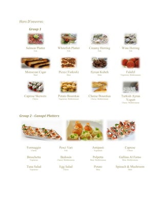 Hors D'oeuvres: 
Group 1 
Salmon Platter 
Fish 
Whitefish Platter 
Fish 
Creamy Herring 
Fish 
Wine Herring 
Fish 
Moroccan Cigar 
Meat 
Pizza (Turkish) 
Meat 
Syrian Kubeh 
Meat 
Falafel 
Vegetarian, Mediterranean 
Caprese Skewers 
Cheese 
Potato Bourekas 
Vegetarian, Mediterranean 
Cheese Bourekas 
Cheese, Mediterranean 
Turkish Ayran Yogurt 
Cheese Mediterranean 
Group 2 - Canapé Platters 
Formaggio 
Cheese 
Pesci Vari 
Fish 
Antipasti 
Vegetarian 
Caprese 
Cheese 
Bruschetta 
Vegetarian 
Bedouin 
Cheese, Mediterranean 
Polpetta 
Meat, Mediterranean 
Gallina Al Forno 
Meat, Mediterranean 
Tuna Salad 
Vegetarian 
Egg Salad 
Cheese 
Potato 
Meat 
Spinach & Mushroom 
Meat 
 