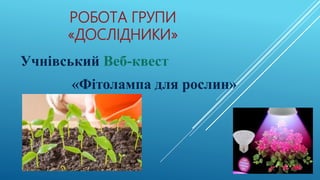 РОБОТА ГРУПИ
«ДОСЛІДНИКИ»
Учнівський Веб-квест
«Фітолампа для рослин»
 