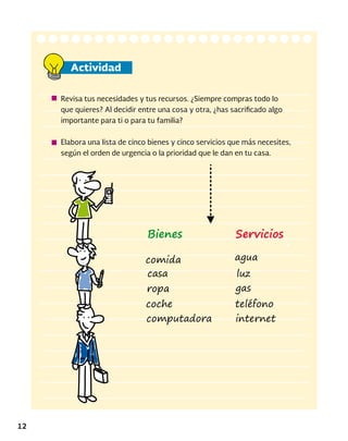 12
Actividad
Revisa tus necesidades y tus recursos. ¿Siempre compras todo lo
que quieres? Al decidir entre una cosa y otra, ¿has sacrificado algo
importante para ti o para tu familia?
Elabora una lista de cinco bienes y cinco servicios que más necesites,
según el orden de urgencia o la prioridad que le dan en tu casa.
Bienes
agua
comida
luz
casa
gas
ropa
Servicios
internet
computadora
teléfono
coche
 