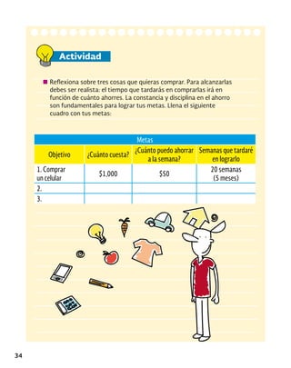 34
Actividad
Reflexiona sobre tres cosas que quieras comprar. Para alcanzarlas
debes ser realista: el tiempo que tardarás en comprarlas irá en
función de cuánto ahorres. La constancia y disciplina en el ahorro
son fundamentales para lograr tus metas. Llena el siguiente
cuadro con tus metas:
Metas
Objetivo ¿Cuánto cuesta?
¿Cuánto puedo ahorrar
a la semana?
Semanas que tardaré
en lograrlo
1. Comprar
un celular
$1,000 $50
20 semanas
(5 meses)
2.
3.
 