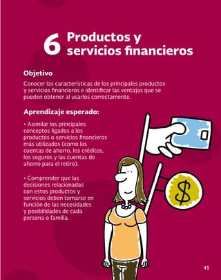 45
Objetivo
Aprendizaje esperado:
Conocer las características de los principales productos
y servicios financieros e identificar las ventajas que se
pueden obtener al usarlos correctamente.
• Asimilar los principales
conceptos ligados a los
productos o servicios financieros
más utilizados (como las
cuentas de ahorro, los créditos,
los seguros y las cuentas de
ahorro para el retiro).
Productos y
servicios financieros
6
• Comprender que las
decisiones relacionadas
con estos productos y
servicios deben tomarse en
función de las necesidades
y posibilidades de cada
persona o familia.
 