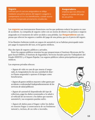 53
Seguro:
contrato por el cual una aseguradora se obliga
mediante una prima (precio del seguro) a pagarte o
compensarte a ti o a tus beneficiarios, cuando ocurra
un evento inesperado previamente establecido.
Los seguros son instrumentos financieros con los que podemos reducir los gastos en caso
de accidente. La compañía de seguros cubre con un monto de dinero a la persona o negocio
asegurado en el momento de sufrir un daño o una pérdida. Las Aseguradoras son em-
presas que ofrecen los seguros a cambio del pago de una prima, que es el precio del seguro.
Si los Ramírez hubieran tenido un seguro de automóvil, no se habrían preocupado tanto
por pagar la reparación del taxi, ni los gastos médicos.
Hay dos tipos de seguros: públicos y privados.
Entre los seguros públicos tenemos los que proporcionan el Instituto Mexicano del Se-
guro Social (IMSS), el Instituto de Seguridad y Servicios Sociales para los Trabajadores del
Estado (ISSSTE) y el Seguro Popular. Los seguros públicos cubren principalmente gastos
médicos.
Aseguradora:
empresa que nos ofrece los
seguros a cambio del pago
de una prima.
Las empresas privadas ofrecen:
• Seguro de vida: en caso de que muera el asegu-
rado, la Aseguradora les da una cantidad de dine-
ro (Suma asegurada) a quienes él designe como
beneficiarios.
• Seguro de gastos médicos mayores: cubre gastos por
accidente o enfermedad (independientemente de los
servicios de salud públicos).
• Seguro de automóvil: dependiendo del tipo de
cobertura, paga los daños ocasionados a la salud o
al vehículo de un tercero y los daños que nuestro
automóvil y sus ocupantes puedan sufrir.
• Seguro de daños para el hogar: cubre los daños
en nuestro hogar a consecuencia de un fenómeno
natural e, incluso, de un robo o incendio.
 