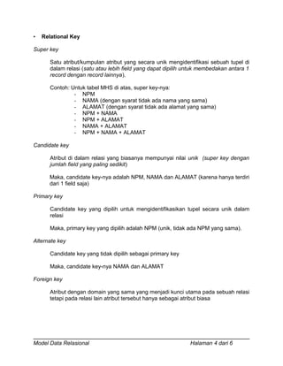 • Relational Key
Super key
Satu atribut/kumpulan atribut yang secara unik mengidentifikasi sebuah tupel di
dalam relasi (satu atau lebih field yang dapat dipilih untuk membedakan antara 1
record dengan record lainnya).
Contoh: Untuk tabel MHS di atas, super key-nya:
- NPM
- NAMA (dengan syarat tidak ada nama yang sama)
- ALAMAT (dengan syarat tidak ada alamat yang sama)
- NPM + NAMA
- NPM + ALAMAT
- NAMA + ALAMAT
- NPM + NAMA + ALAMAT
Candidate key
Atribut di dalam relasi yang biasanya mempunyai nilai unik (super key dengan
jumlah field yang paling sedikit)
Maka, candidate key-nya adalah NPM, NAMA dan ALAMAT (karena hanya terdiri
dari 1 field saja)
Primary key
Candidate key yang dipilih untuk mengidentifikasikan tupel secara unik dalam
relasi
Maka, primary key yang dipilih adalah NPM (unik, tidak ada NPM yang sama).
Alternate key
Candidate key yang tidak dipilih sebagai primary key
Maka, candidate key-nya NAMA dan ALAMAT
Foreign key
Atribut dengan domain yang sama yang menjadi kunci utama pada sebuah relasi
tetapi pada relasi lain atribut tersebut hanya sebagai atribut biasa
Model Data Relasional Halaman 4 dari 6
 