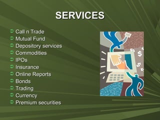 SERVICESSERVICES
 Call n TradeCall n Trade
 Mutual FundMutual Fund
 Depository servicesDepository services
 CommoditiesCommodities
 IPOsIPOs
 InsuranceInsurance
 Online ReportsOnline Reports
 BondsBonds
 TradingTrading
 CurrencyCurrency
 Premium securitiesPremium securities
 