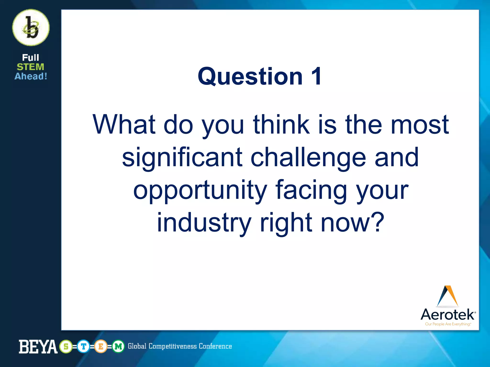 Question 1
What do you think is the most
significant challenge and
opportunity facing your
industry right now?