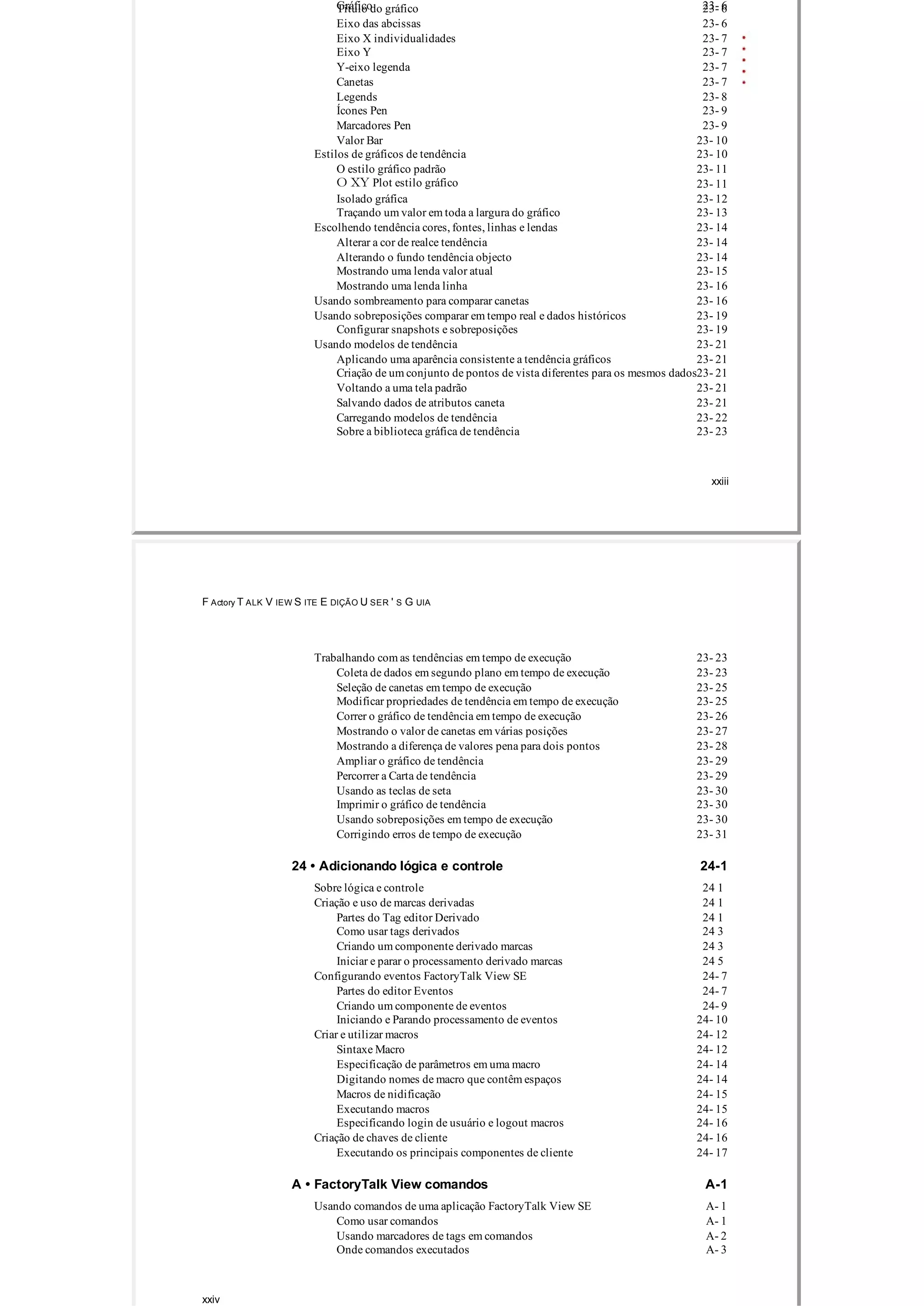 Gráfico 23­ 6Título do gráfico 23­ 6
Eixo das abcissas 23­ 6
Eixo X individualidades 23­ 7
Eixo Y 23­ 7
Y­eixo legenda 23­ 7
Canetas 23­ 7
Legends 23­ 8
Ícones Pen 23­ 9
Marcadores Pen 23­ 9
Valor Bar 23­ 10
Estilos de gráficos de tendência 23­ 10
O estilo gráfico padrão 23­ 11
O XY Plot estilo gráfico 23­ 11
Isolado gráfica 23­ 12
Traçando um valor em toda a largura do gráfico 23­ 13
Escolhendo tendência cores, fontes, linhas e lendas 23­ 14
Alterar a cor de realce tendência 23­ 14
Alterando o fundo tendência objecto 23­ 14
Mostrando uma lenda valor atual 23­ 15
Mostrando uma lenda linha 23­ 16
Usando sombreamento para comparar canetas 23­ 16
Usando sobreposições comparar em tempo real e dados históricos 23­ 19
Configurar snapshots e sobreposições 23­ 19
Usando modelos de tendência 23­ 21
Aplicando uma aparência consistente a tendência gráficos 23­ 21
Criação de um conjunto de pontos de vista diferentes para os mesmos dados23­ 21
Voltando a uma tela padrão 23­ 21
Salvando dados de atributos caneta 23­ 21
Carregando modelos de tendência 23­ 22
Sobre a biblioteca gráfica de tendência 23­ 23
xxiii
F Actory T ALK V IEW S ITE E DIÇÃO U SER ' S G UIA
Trabalhando com as tendências em tempo de execução 23­ 23
Coleta de dados em segundo plano em tempo de execução 23­ 23
Seleção de canetas em tempo de execução 23­ 25
Modificar propriedades de tendência em tempo de execução 23­ 25
Correr o gráfico de tendência em tempo de execução 23­ 26
Mostrando o valor de canetas em várias posições 23­ 27
Mostrando a diferença de valores pena para dois pontos 23­ 28
Ampliar o gráfico de tendência 23­ 29
Percorrer a Carta de tendência 23­ 29
Usando as teclas de seta 23­ 30
Imprimir o gráfico de tendência 23­ 30
Usando sobreposições em tempo de execução 23­ 30
Corrigindo erros de tempo de execução 23­ 31
24 • Adicionando lógica e controle 24­1
Sobre lógica e controle 24 1
Criação e uso de marcas derivadas 24 1
Partes do Tag editor Derivado 24 1
Como usar tags derivados 24 3
Criando um componente derivado marcas 24 3
Iniciar e parar o processamento derivado marcas 24 5
Configurando eventos FactoryTalk View SE 24­ 7
Partes do editor Eventos 24­ 7
Criando um componente de eventos 24­ 9
Iniciando e Parando processamento de eventos 24­ 10
Criar e utilizar macros 24­ 12
Sintaxe Macro 24­ 12
Especificação de parâmetros em uma macro 24­ 14
Digitando nomes de macro que contêm espaços 24­ 14
Macros de nidificação 24­ 15
Executando macros 24­ 15
Especificando login de usuário e logout macros 24­ 16
Criação de chaves de cliente 24­ 16
Executando os principais componentes de cliente 24­ 17
A • FactoryTalk View comandos A­1
Usando comandos de uma aplicação FactoryTalk View SE A­ 1
Como usar comandos A­ 1
Usando marcadores de tags em comandos A­ 2
Onde comandos executados A­ 3
xxiv
 