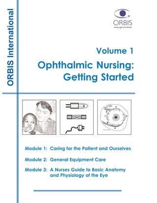 Volume 1
Ophthalmic Nursing:
Getting Started
Module 1: Caring for the Patient and Ourselves
Module 2: General Equipment Care
Module 3: A Nurses Guide to Basic Anatomy
and Physiology of the Eye
ORBISInternational
 