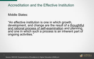 10
Accreditation and the Effective Institution
Middle States:
“An effective institution is one in which growth,
development, and change are the result of a thoughtful
and rational process of self-examination and planning,
and one in which such a process is an inherent part of
ongoing activities.”
Source: MSCHE Characteristics of Excellence in Higher Education (2006) p.4
 
