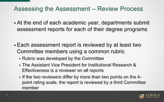 Assessing the Assessment – Review Process
 At the end of each academic year, departments submit
assessment reports for each of their degree programs
 Each assessment report is reviewed by at least two
Committee members using a common rubric
 Rubric was developed by the Committee
 The Assistant Vice President for Institutional Research &
Effectiveness is a reviewer on all reports
 If the two reviewers differ by more than two points on the 4-
point rating scale, the report is reviewed by a third Committee
member
21
 