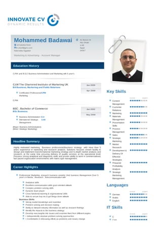 Mohammed Badawai                                                        AL Muro o r St
                                                                         Abu-Dhabi
   +9 7150 9 9 270 4 0                                                   U.AE
   m.sherif@gmx.co m                                                     Egypt
 Natio nality: Egyptian                                                  34 56 7

 Marketing & Advertising - Account Manager



Education History

C.P.M ,and B.S.C Business Administration and Marketing with 5 year's




C.I.M The Chartered Institute of Marketing UK                                      Jan 2009
BA Business, Marketing and Public Relations

        Certification Professional CPM
                                                                                   Apr 2009
                                                                                                Key Skills
        Marketing
                                                                                                                   no vice   expert
C.P.M                                                                                              Content
                                                                                                   Management
                                                                                                   Customer
BSC . Bachelor of Commerce                                                         Jan 2002
                                                                                                   Relations
BSc Business
                                                                                                   Marketing
                                                                                   May 2006
        Business Administration I3.4                                                               Materials
        International Strategic  3.00                                                              Management
        Management                                                                                 Presentation
                                                                                                   Skills
(Major: Business Administration)
(Minor: Strategic Marketing)                                                                       Process
                                                                                                   Management
                                                                                                   Sales
                                                                                                   Strategic
Headline Summary                                                                                   Marketing
                                                                                                   Market
Highly motivated marketing Business professional,Business strategy with more than 5                Research
years experience in marketing and research analysis. Solutions focused, shown facility to          Development &
design and implement transformational marketing strategy and in-depth market analysis and
research, at the same time ensuring delivery of quality services at the operational level.         Delivery Of
Possess strong analytical and diagnostic skills and proven ability to work in commercialised,      Effective
fast paced organization environments with matrix type management.
                                                                                                   Strategies
                                                                                                   Prepared
                                                                                                   Profitability
Career Highlights
                                                                                                   Analysis
                                                                                                   Strategic
        Professional Marketing, research business annalist ,And business Management Over 5         Marketing
        year's in Media , Research , Telecommunication with
                                                                                                   Management
                Analytical skills
                Excellent communication skills goal-oriented attitude                           Languages
                Complex problem solving skills
                Dynamic team player                                                                                no vice   expert
                Cross functional teaming & organizational skills                                   German
                Able to secure buy-ins & get things done attitude
                                                                                                   Arabic
        Business Skills
                                                                                                   English
              Strong market knowledge and expertise
              Problem solving and decision making
              Ability to interpret industry information as well as research findings            IT Skills
              Identify the impacts to the business strategy
              Develop new insights into issues and examine them from different angles                              no vice   expert
              • Independently structure problem solving approaches                                 C
              • Comfortable in refocusing efforts as problems and issues change
                                                                                                   Com
 