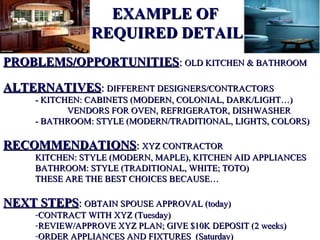 EXAMPLE OF
                REQUIRED DETAIL
PROBLEMS/OPPORTUNITIES: OLD KITCHEN & BATHROOM

ALTERNATIVES: DIFFERENT DESIGNERS/CONTRACTORS
     - KITCHEN: CABINETS (MODERN, COLONIAL, DARK/LIGHT…)
            VENDORS FOR OVEN, REFRIGERATOR, DISHWASHER
     - BATHROOM: STYLE (MODERN/TRADITIONAL, LIGHTS, COLORS)

RECOMMENDATIONS: XYZ CONTRACTOR
     KITCHEN: STYLE (MODERN, MAPLE), KITCHEN AID APPLIANCES
     BATHROOM: STYLE (TRADITIONAL, WHITE; TOTO)
     THESE ARE THE BEST CHOICES BECAUSE…

NEXT STEPS: OBTAIN SPOUSE APPROVAL (today)
     -CONTRACT WITH XYZ (Tuesday)
     -REVIEW/APPROVE XYZ PLAN; GIVE $10K DEPOSIT (2 weeks)
     -ORDER APPLIANCES AND FIXTURES (Saturday)
 