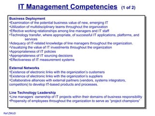 IT Management Competencies                                        (1 of 2)

   Business Deployment
   •Examination of the potential business value of new, emerging IT
   •Utilization of multidisciplinary teams throughout the organization
   •Effective working relationships among line managers and IT staff
   •Technology transfer, where appropriate, of successful IT applications, platforms, and
               services
   •Adequacy of IT-related knowledge of line managers throughout the organization.
   •Visualizing the value of IT investments throughout the organization
   •Appropriateness of IT policies
   •Appropriateness of IT sourcing decisions
   •Effectiveness of IT measurement systems

   External Networks
   •Existence of electronic links with the organization’s customers
   •Existence of electronic links with the organization’s suppliers
   •Collaborative alliances with external partners (vendors, systems integrators,
   competitors) to develop IT-based products and processes.

   Line Technology Leadership
   •Line managers’ ownership of IT projects within their domains of business responsibility
   •Propensity of employees throughout the organization to serve as “project champions”


Ref:ZMUD
 
