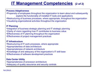 IT Management Competencies                                      (2 of 2)

   Process Adaptiveness
   •Propensity of employees throughout the organization to learn about and subsequently
              explore the functionality of installed IT tools and applications
   •Restructuring of business processes, where appropriate, throughout the organization
   •Visualizing organizational activities throughout the organization

   IT Planning
   •Integration of business strategic planning and IT strategic planning
   •Clarity of vision regarding how IT contributes to business value
   •Effectiveness of IT planning throughout the organization
   •Effectiveness of project management practices

   IT Infrastructure
   •Restructuring of IT work processes, where appropriate
   •Appropriateness of data architecture
   •Appropriateness of network architecture
   •Knowledge of and adequacy of the organization’s IT skill base
   •Effectiveness of software development practices

   Data Center Utility
   •Appropriateness of processor architecture
   •Adequacy of quality assurance and security controls

Ref:ZMUD
 