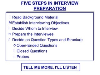FIVE STEPS IN INTERVIEW
           PREPARATION
  Read Background Material
M Establish Interviewing Objectives
i Decide Whom to Interview
n Prepare the Interviewee
r Decide on Question Types and Structure
  o Open-Ended Questions
  i Closed Questions
  i Probes

        TELL ME MORE, I’LL LISTEN
 