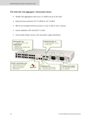 Mobile Backhaul Overview and Solution Guide
22 © 2013 RAD Data Communications Ltd
ETX-220A GbE /10G Aggregator / Demarcation Device
• Flexible 10G aggregation with up to 3 x 10GbE and up to 20 x GbE
• Ring and linear protection ITU-T G.8032v2, ITU-T G.8031
• MEF CE 2.0 compliant Ethernet services: E-Line, E-LAN, E-Tree, E-Access
• Service validation: RFC-2544/ITU-T Y.1564
• Carrier grade design: service, port and power supply redundancy
 